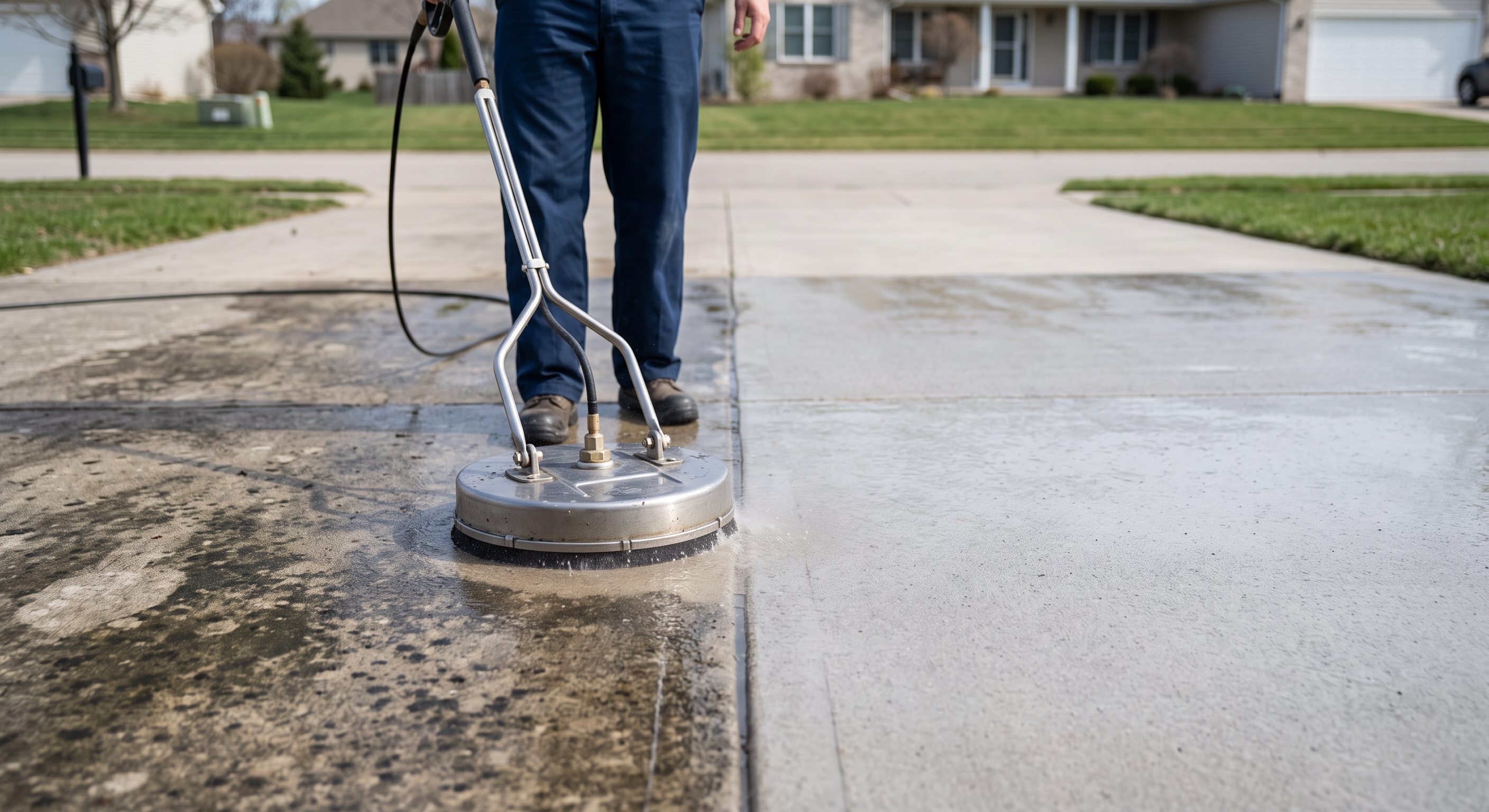 Residential driveway being cleaned in a supplied before-and-after pressure washing photo
