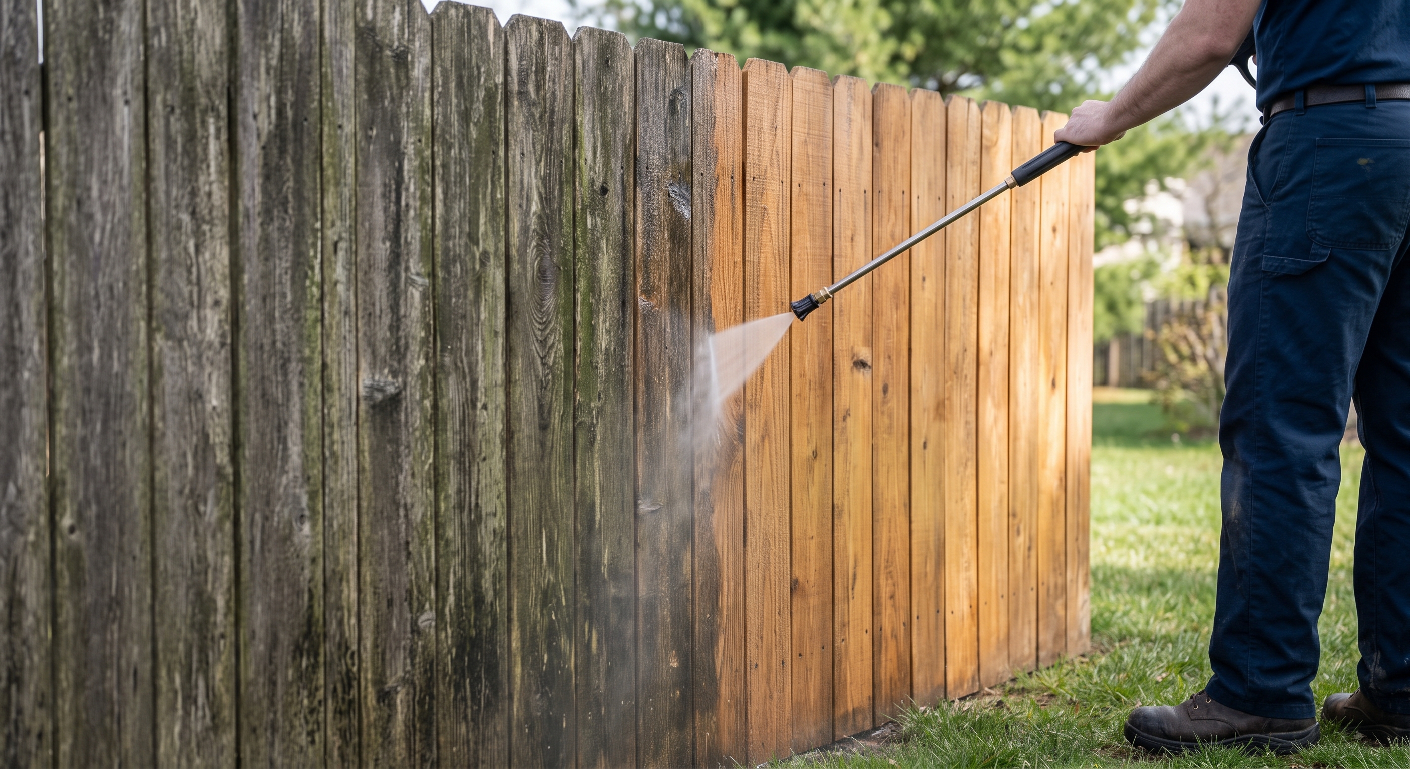 Wooden fence being cleaned in a supplied before-and-after pressure washing photo