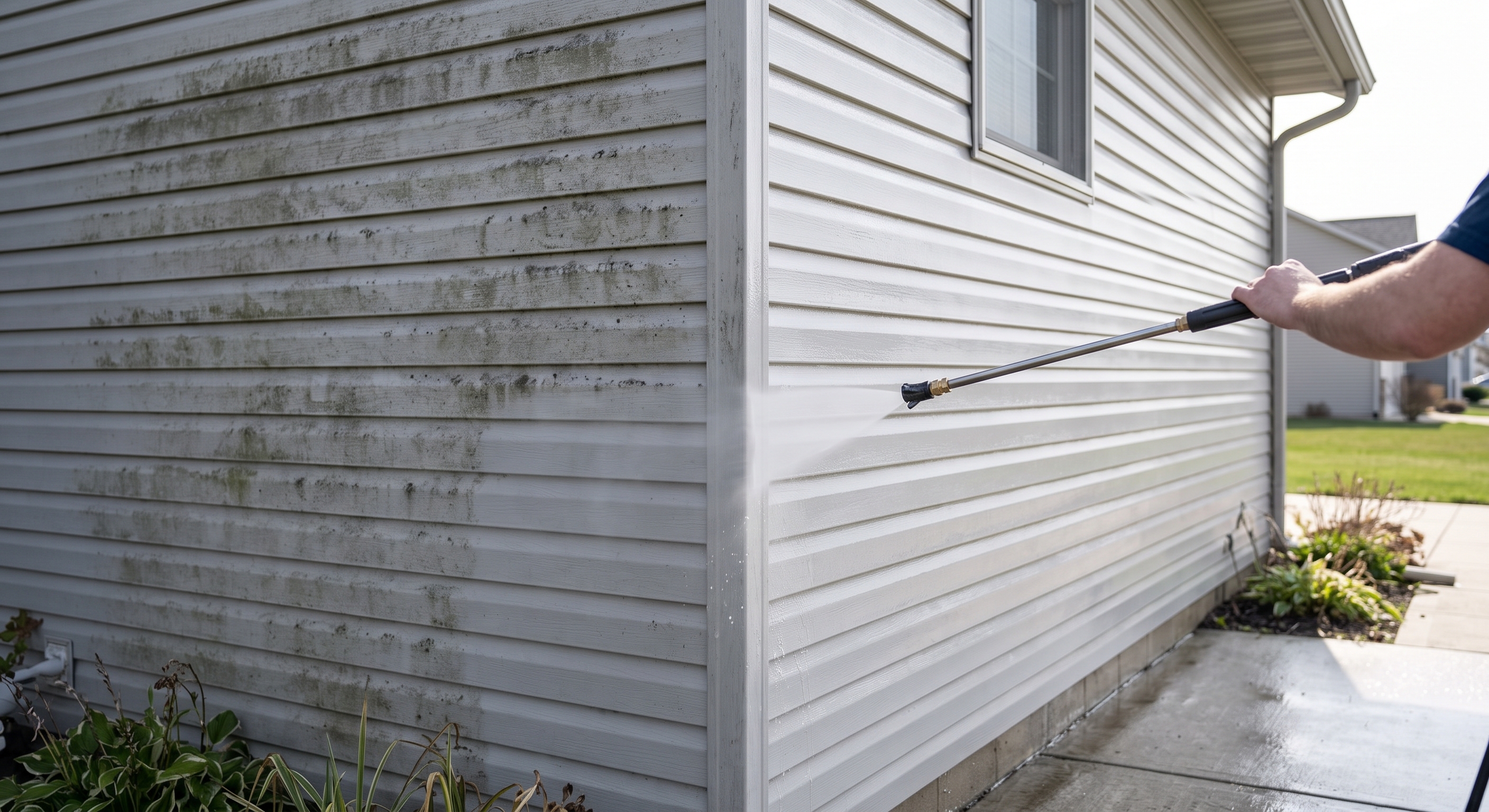White home exterior shown in a supplied before-and-after pressure washing photo